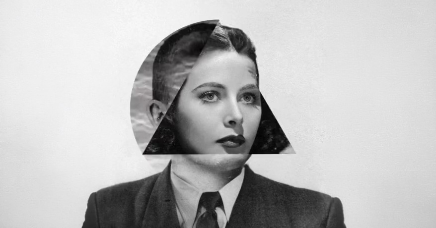 Surreal animation of Hedy Lamarr's portrait inside an alchemical portal (triangle within a sphere), shifting between her face and radio jamming waves.